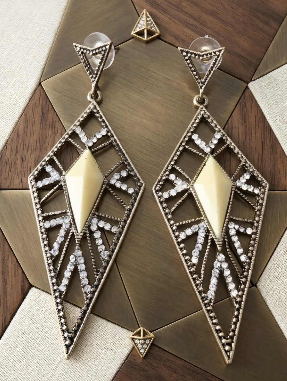 Gold-Tone Geometric Drop Earrings with Cream Inlay